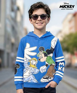 Pine Kids Disney Terry Knit Drop Shoulder Full Sleeves Oversized Hooded Sweatshirt With Mickey & Friends Graphics - Blue