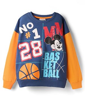 Pine Kids Disney Terry Knit Drop Shoulder Full Sleeves Oversized Sweatshirt With Mickey & Friends Graphics & Thread Overlock Detailing - Navy Blue