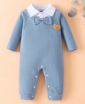 Mark & Mia Full Sleeves Winter Wear Romper With Teddy Bear & Bow Applique - Light Blue