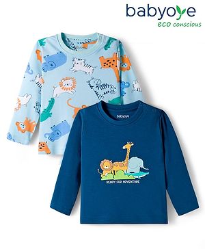 Babyoye 100% Cotton Knit Eco Jiva Full Sleeves T-Shirt with Animal Print Pack Of 2 - Blue & Navy Blue