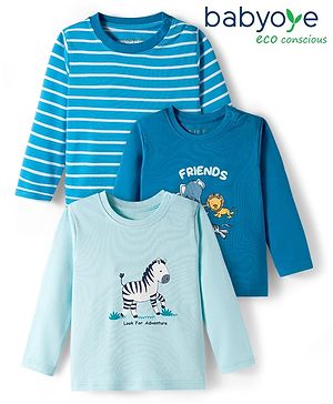 Babyoye 100% Cotton Knit Eco Jiva Full Sleeves T-Shirt with Stripes Animal Print Pack Of 3 - Blue & Light Blue