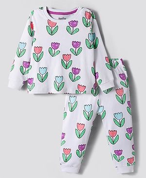 Bonfino 100% Cotton Knit Full Sleeves Co-ords Night Suit With Floral Print - White