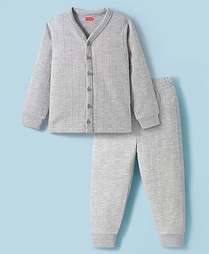 Babyhug Knit Full Sleeves Solid Color Thermal Vest & Pant Set - Light Grey