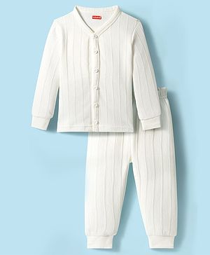 Babyhug Knit Full Sleeves Solid Color Thermal Vest & Pant Set - Off White