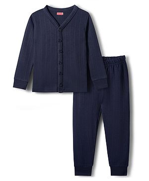 Babyhug Knit Full Sleeves Solid Thermal Set - Navy Blue