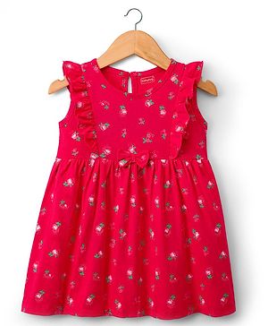 Babyhug Single Jersey Knit Frill Sleeves Frock with Floral Print & Bow Applique - Red