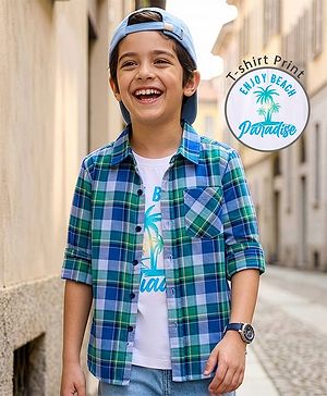 Pine Kids Cotton Woven Full Sleeves Checks Shirt With Printed T-Shirt - Navy Blue