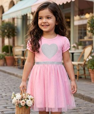 Babyhug Single Jersey Knit Half Sleeves Fit & Flare Frock with Heart Print - Pink