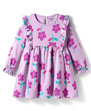 Bonfino 100% Cotton Knit Full Sleeves  Dress with Floral Print & Frill Detailing - Lilac