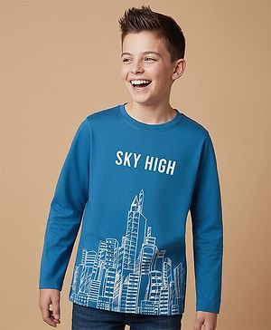Pine Kids Cotton Knit Full Sleeves T-Shirt With Sky High Text Print - Blue