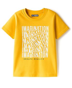 Pine Kids Cotton Knit Half Sleeves T-Shirt With Imagination Text Print - Golden