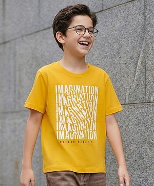 Pine Kids Cotton Knit Half Sleeves T-Shirt With Imagination Text Print - Golden