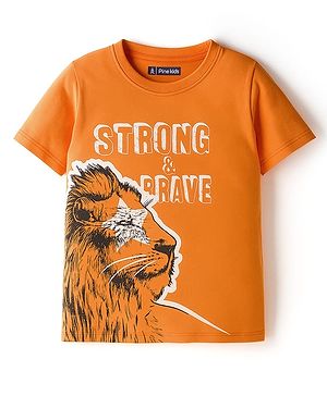 Pine Kids Cotton Knit Half Sleeves T-Shirt With Animal & Strong & Brave Text Print - Orange