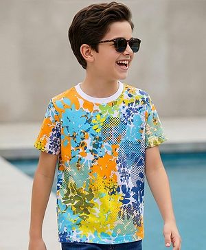 Pine Kids Cotton Knit Half Sleeves T-Shirt with Abstract Print - Multicolor