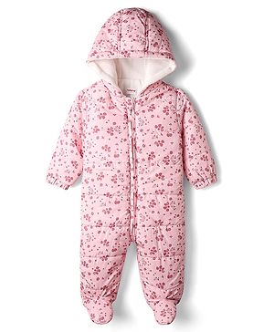 Babyhug Woven Full Sleeves Hooded Winter Romper With Floral Print - Pink