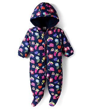 Babyhug Woven Full Sleeves Footed & Hooded Winter Wear Quilted Romper With Fleece Inner Lining & Floral Print - Navy Blue