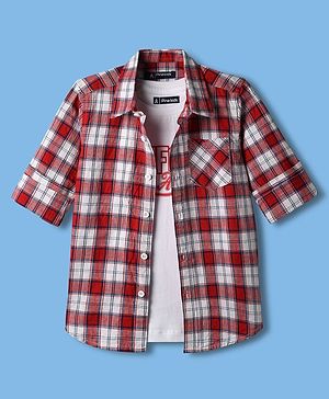 Pine Kids Cotton Woven Full Sleeves Checkered Shirt with Inner T-Shirt - Red