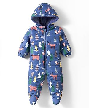 Babyhug Woven Full Sleeves Winter Wear Footed & Hooded Quilted Romper With Fleece Inner Lining & Animal Print - Blue