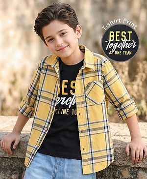 Pine Kids Cotton Woven Full Sleeves Checkered Shirt With T-Shirt - Yellow