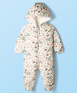 Babyhug Woven Full Sleeves Hooded Winter Quilted Romper With Fleece Inner Lining & Floral Print - Off White