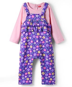 Babyhug Single Jersey Knit Floral Printed Dungaree with Full Sleeves Inner Tee - Pink & Purple