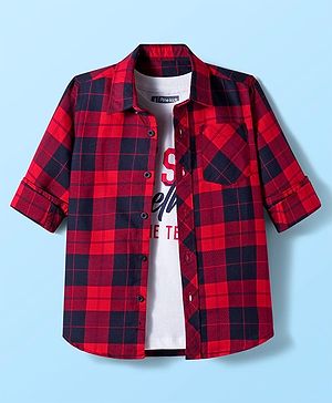 Pine Kids Cotton Woven Full Sleeves Checkered Shirt With T-Shirt - Red