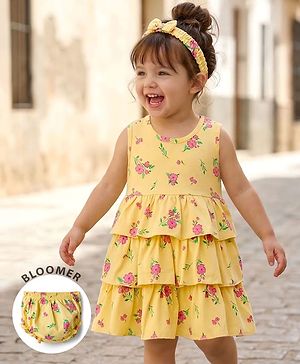 Babyhug Single Jersey Knit Sleeveless Floral Printed Frock With Bloomer & Headband - Yellow