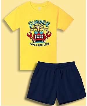 NUSYL Cotton Blend Knit Half Sleeves Summer Text Printed Tee & Shorts Set - Yellow & Navy Blue
