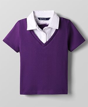 Pine Kids Cotton Knit Half Sleeves Solid Color Collar Top - Purple