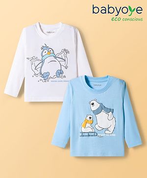 Babyoye 100% Cotton Knit Full Sleeves T-Shirts with Animal Print Pack of 2 - Light Blue & White