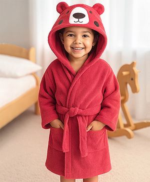 Babyhug Terry Knit Full Sleeves Hooded Animal Applique Patch - Red