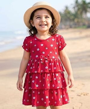 Babyhug Single Jersey Knit Half Sleeves Frock With Floral Print & Bow Applique - Red