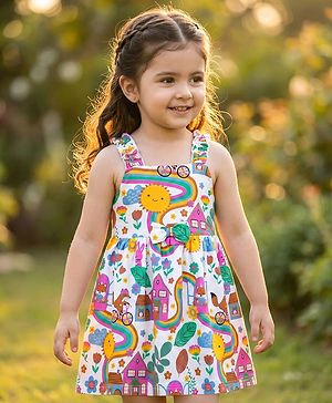 Babyhug Single Jersey Knit Sleeveless Frock With Floral & Rainbow Print - White