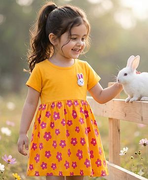 Babyhug Single Jersey Knit Half Sleeves Frock With Floral Print - Yellow
