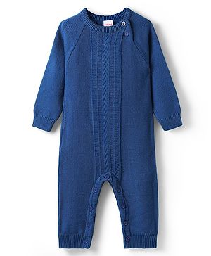 Babyhug Sweater Knitted Full Sleeves Front Open Winter Wear Romper with Cable Knit Design - Blue