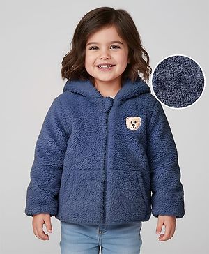 Babyhug Woven Full Sleeves Hooded Winter Jacket With Teddy Bear Embroidery & Kangaroo Pockets - Navy Blue