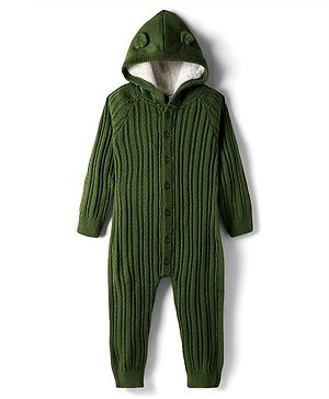 Babyhug Knit Full Sleeves Winter Wear Solid Hooded Romper - Dark Green