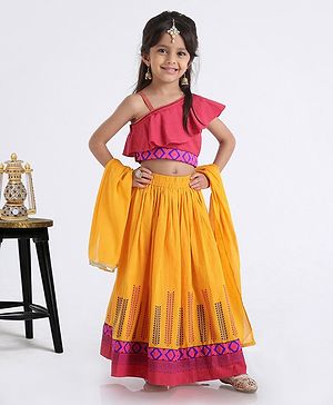 Babyhug One Shoulder Choli WIth Printed Lehenga & Netted Dupatta - Pink Yellow - 18-24 M Yellow