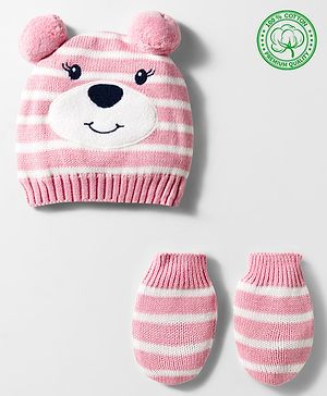 Babyhug Organic Cotton Knit Woollen Cap & Mittens With Teddy & Ear Applique Pink & White - Diameter 9 cm