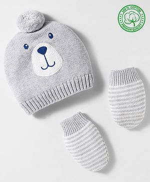 Babyhug Organic Cotton Woollen Knit Cap & Mittens Set with Bear Design & Applique Grey - Diameter 17 cm