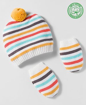 Babyhug Organic Cotton Woollen Knit Cap & Mittens Set with Stripes & Applique Multicolor - Diameter 19 cm