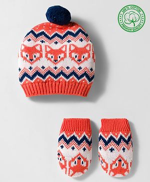 Babyhug Organic Cotton Knit Woollen Cap & Mittens With Fox Design Pink & White - Diameter 15.25 cm