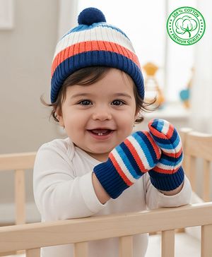 Babyhug Woollen Caps & Mitten Set with Stripes Navy Blue White - Diameter 12 cm