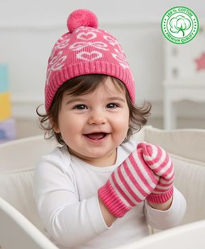 Babyhug Organic Cotton Woollen Knit Cap & Mittens Set with Stripe Bow & Hearts Design Pink - Diameter 17 cm