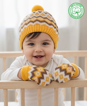 Babyhug Organic Cotton Woollen Knit Cap & Mittens Set with Fair Isle Design Mustard - Diameter 17 cm