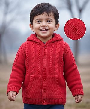 Babyhug Knit Full Sleeves Hooded Front Open Sweater with Cable Knit Design - Red