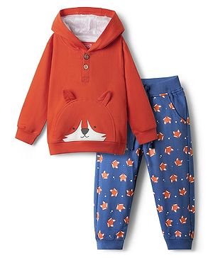 Babyhug Terry Knit Full Sleeves Hooded Sweatjacket & Joggers With with Fox Print & Applique - Rust Orange & Navy Blue