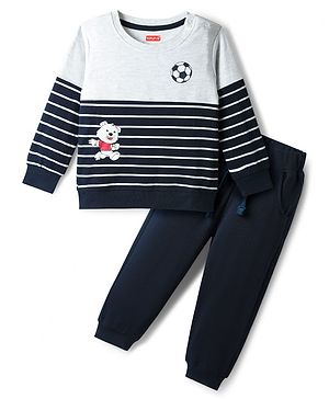 Babyhug Interlock Knit Full Sleeves Striped T-Shirt & Lounge Pant Set with Bear Print - Navy Blue