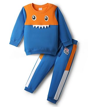 Babyhug Terry Knit Full Sleeves Cut & Sew T-Shirt & Lounge Pant Set with Teeth Applique - Blue