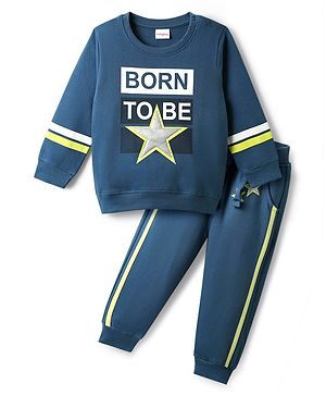 Babyhug 100% Cotton Knit Full Sleeves Text Printed T-Shirt & Lounge Pant Set - Navy Blue
